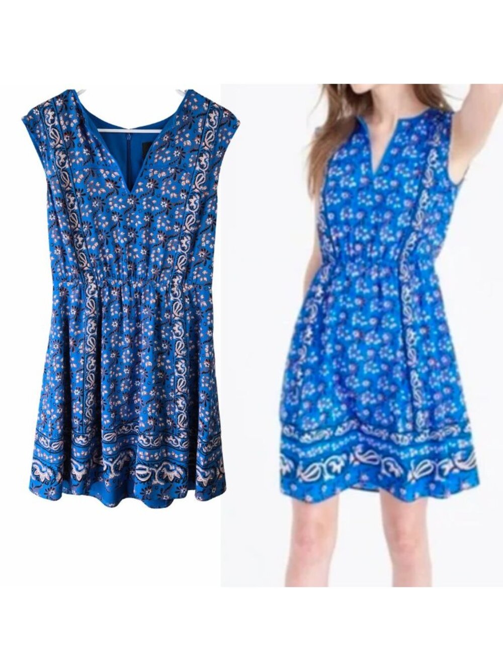 J. Crew 100% Silk A Line Dress 8 Blue Floral Sleeveless Knee Length Cottage Boho